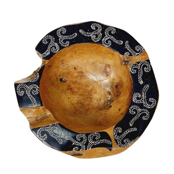 Vintage Natural Polished Teak Root Rustic Bowl Raw Chunky Painted Rim 11.5" - Picture 12 of 14